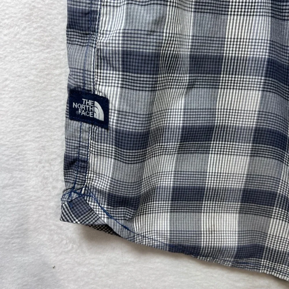 The North Face Mens XXL Blue Plaid Nylon Short Sleeve Button Down Hiking Shirt